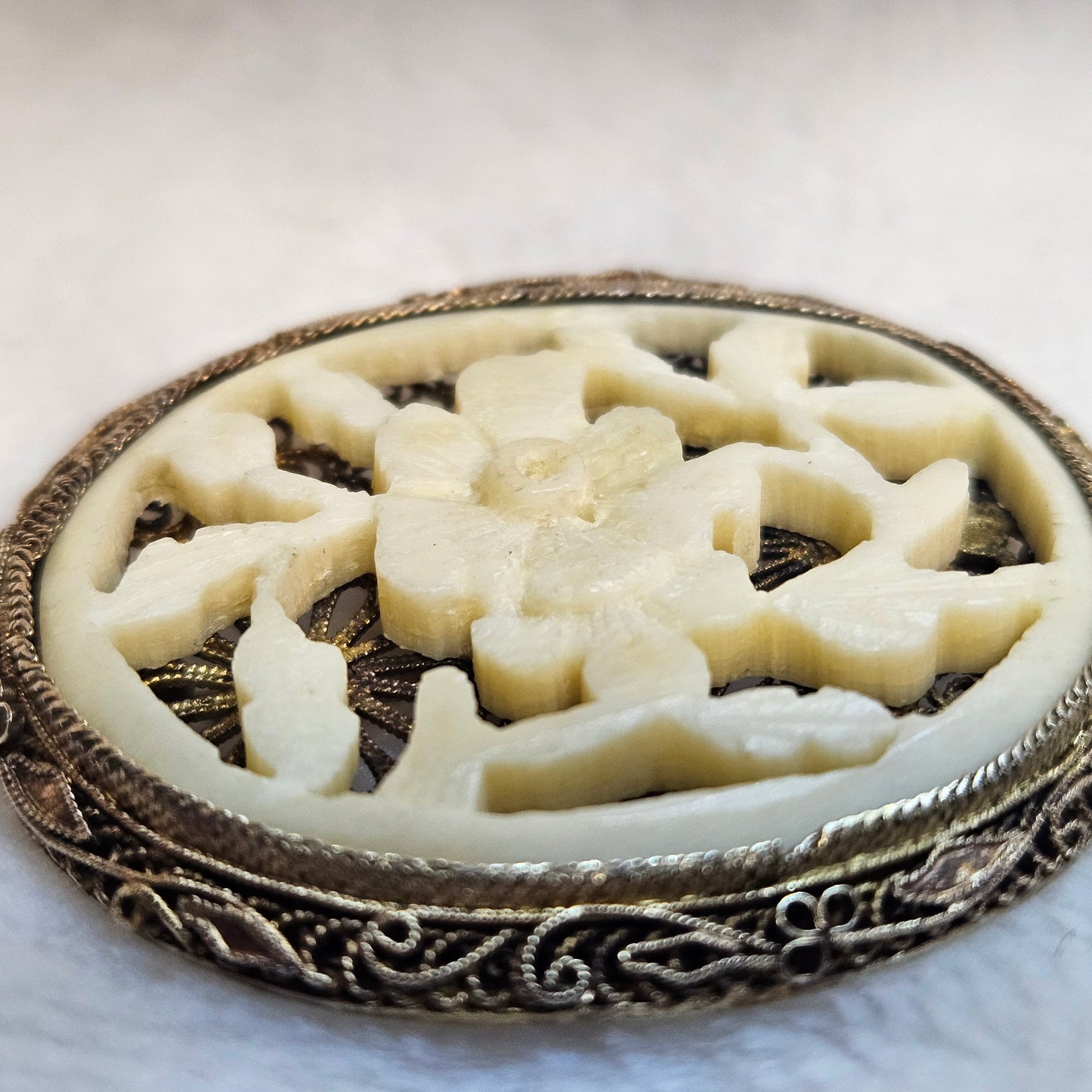 Filigree Floral Brooch Carved Center Statement Pin