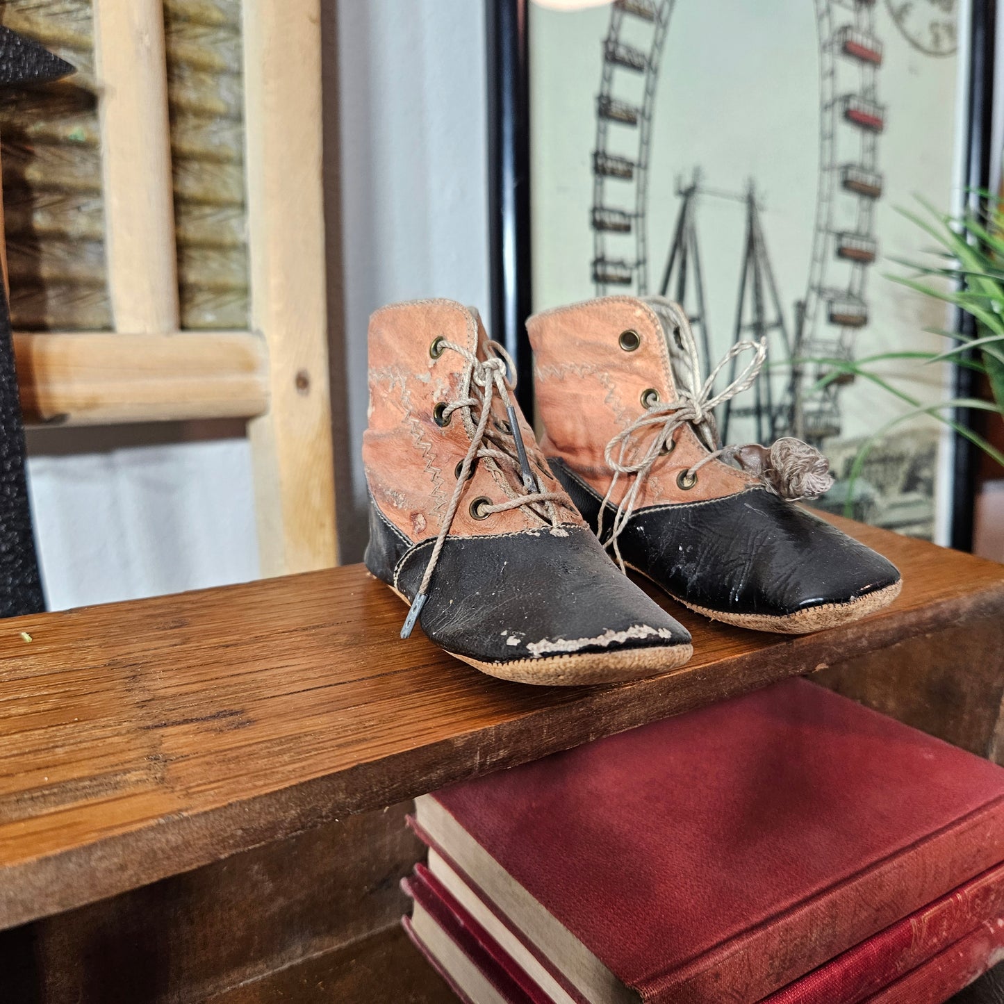 Antique Two Tone Leather Baby Shoes Lace Up Infant Boots