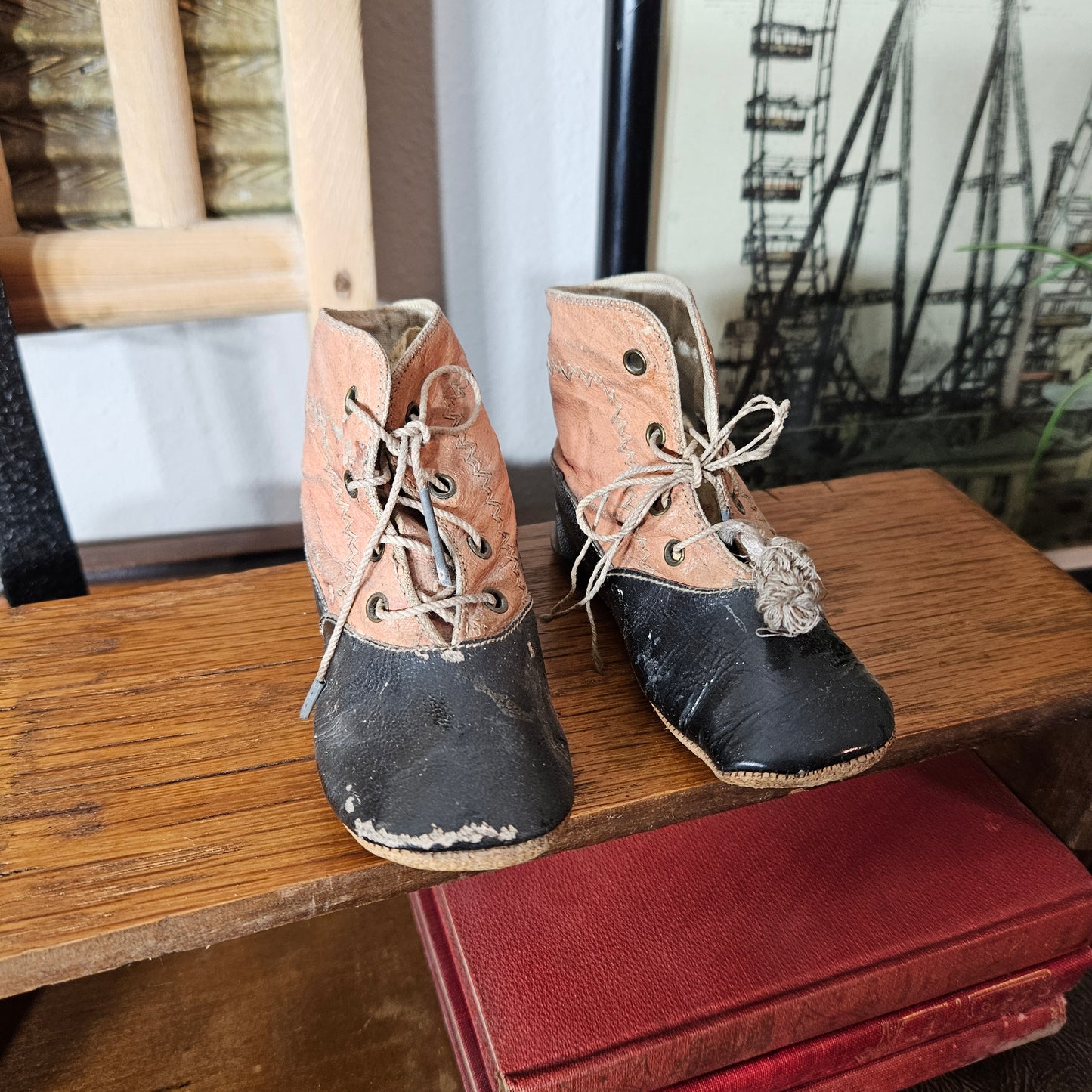 Antique Two Tone Leather Baby Shoes Lace Up Infant Boots