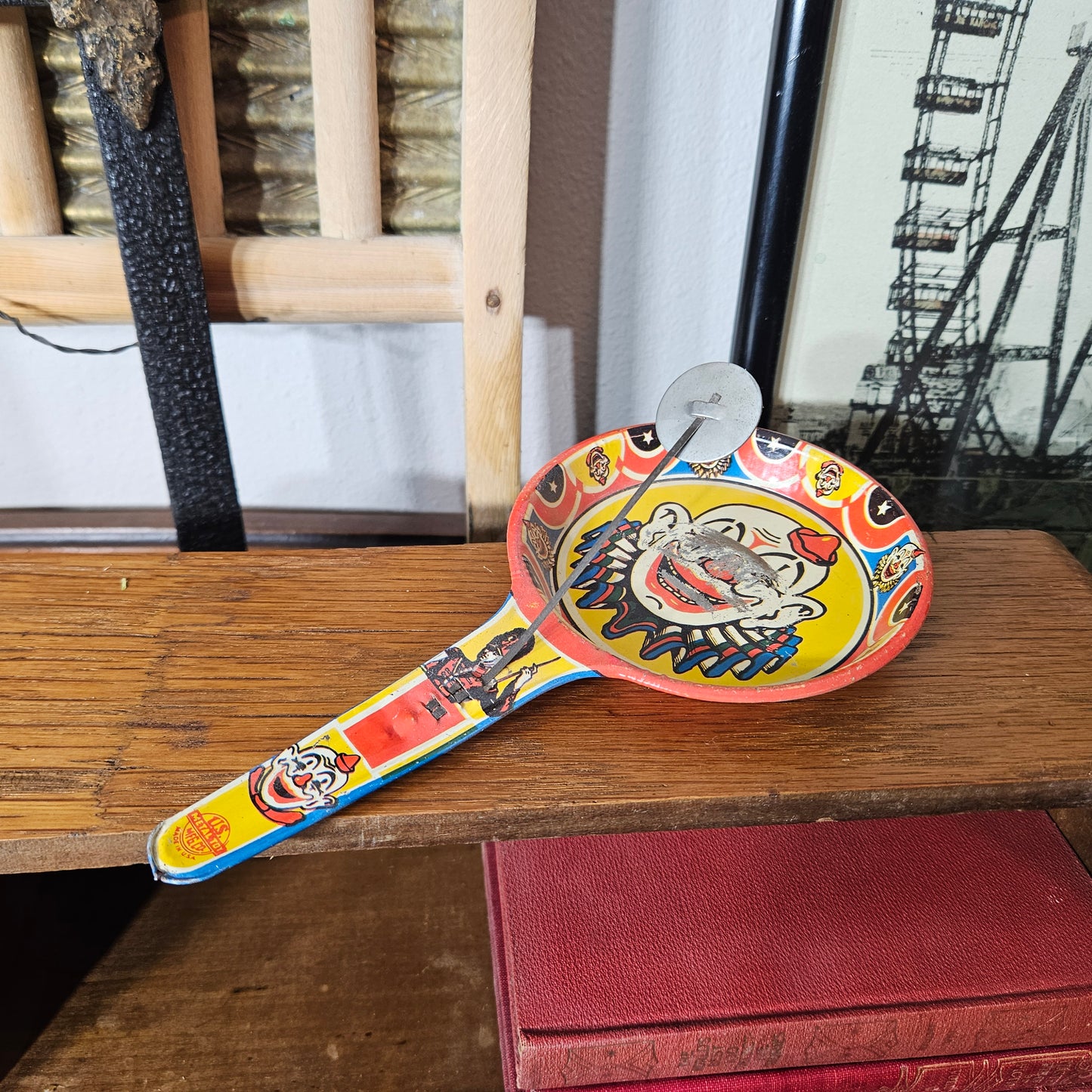 Vintage Tin Clown Paddle Ball Toy Lithograph Game