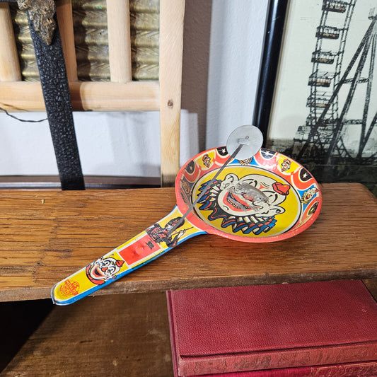 Vintage Tin Clown Paddle Ball Toy Lithograph Game