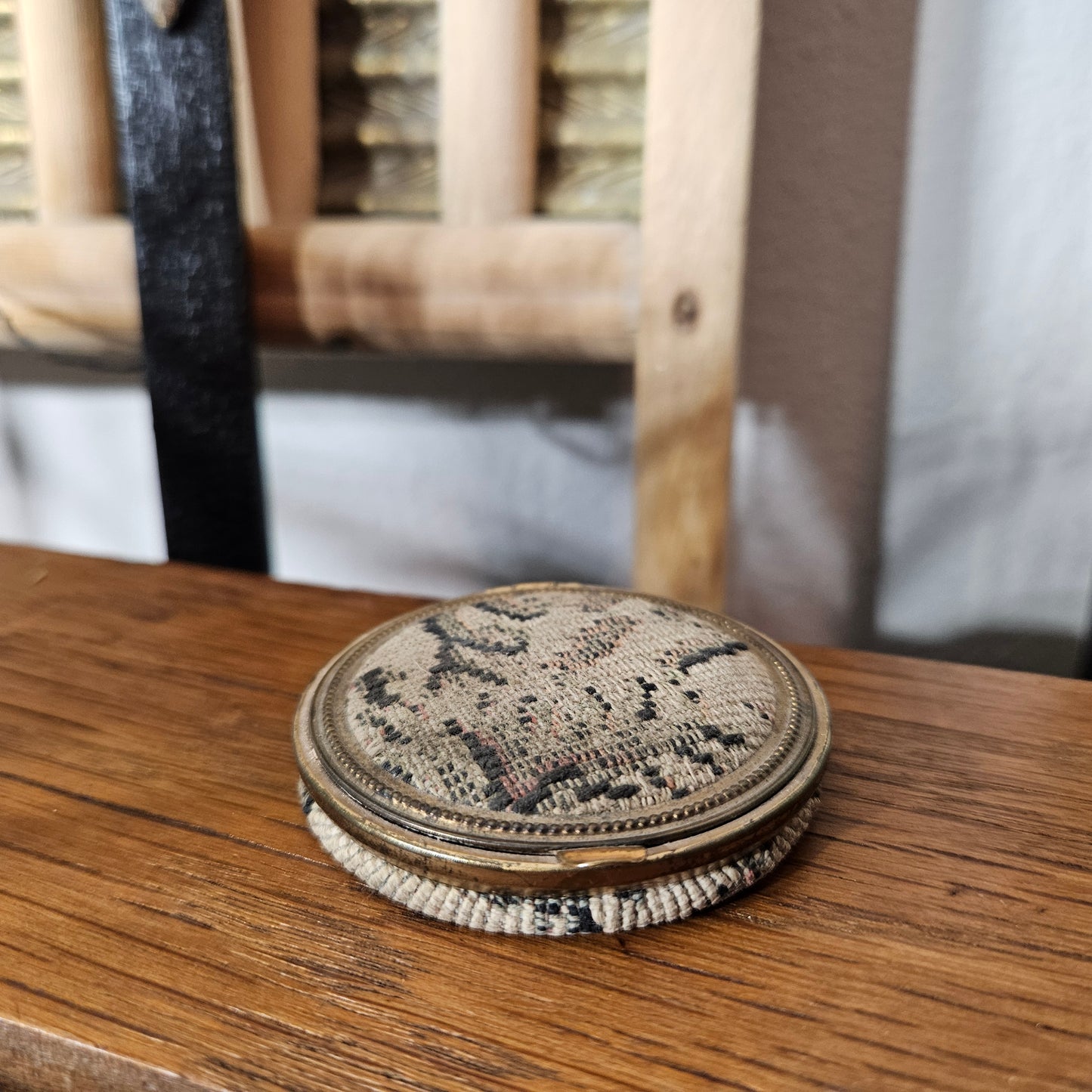 Vintage Floral Needlepoint Style Compact Powder Case Vanity Collectible