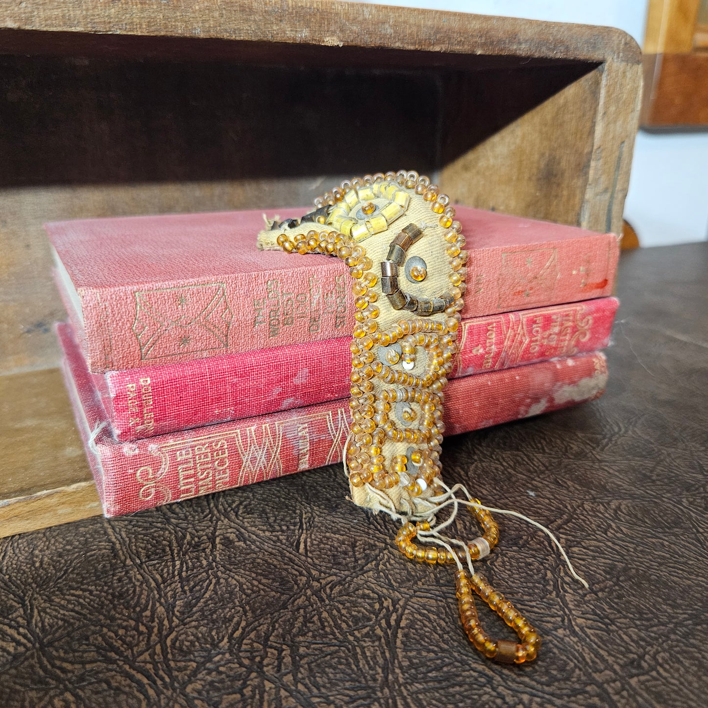 Antique Hand Beaded Trim Fragment Gold Glass Beads Textile Piece
