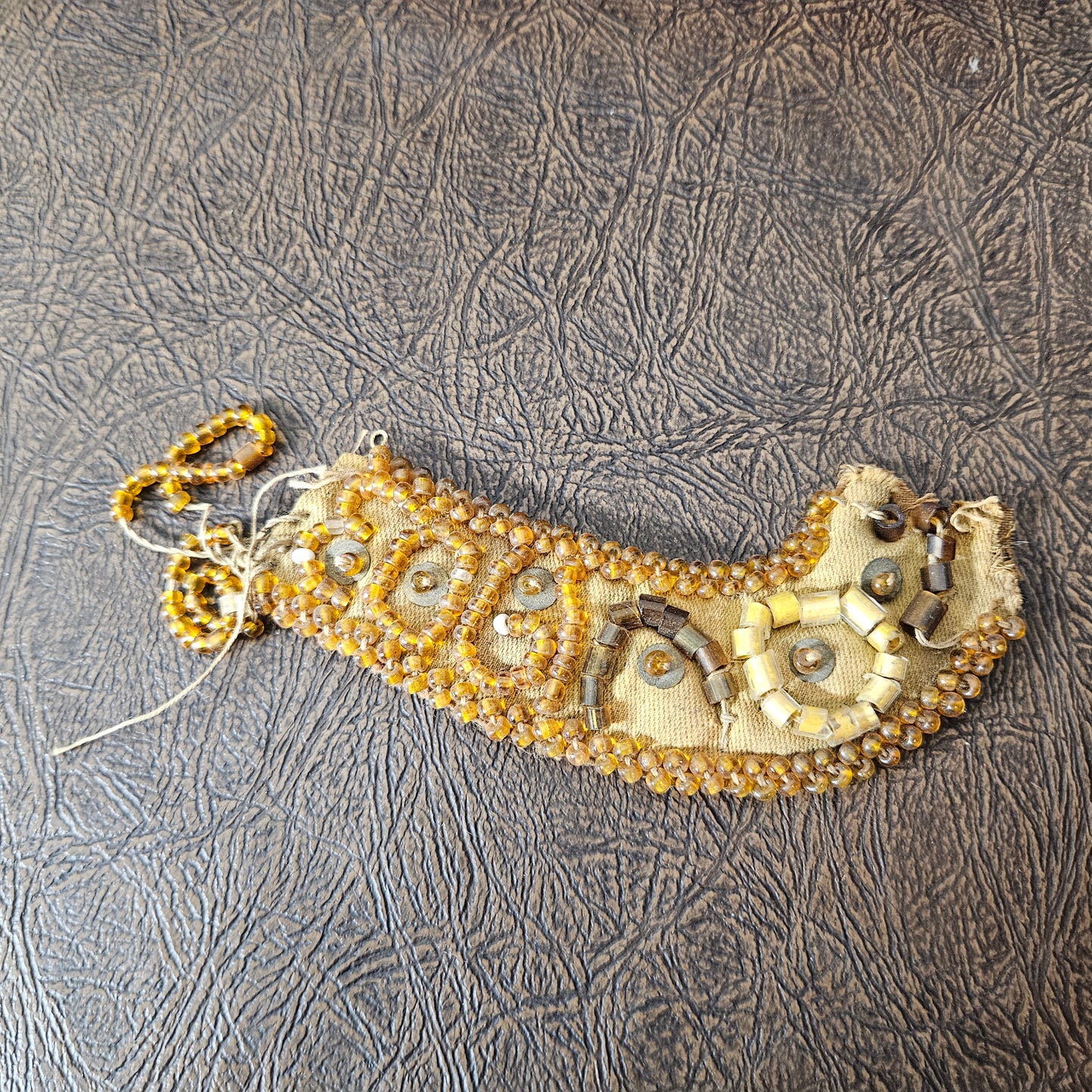 Antique Hand Beaded Trim Fragment Gold Glass Beads Textile Piece