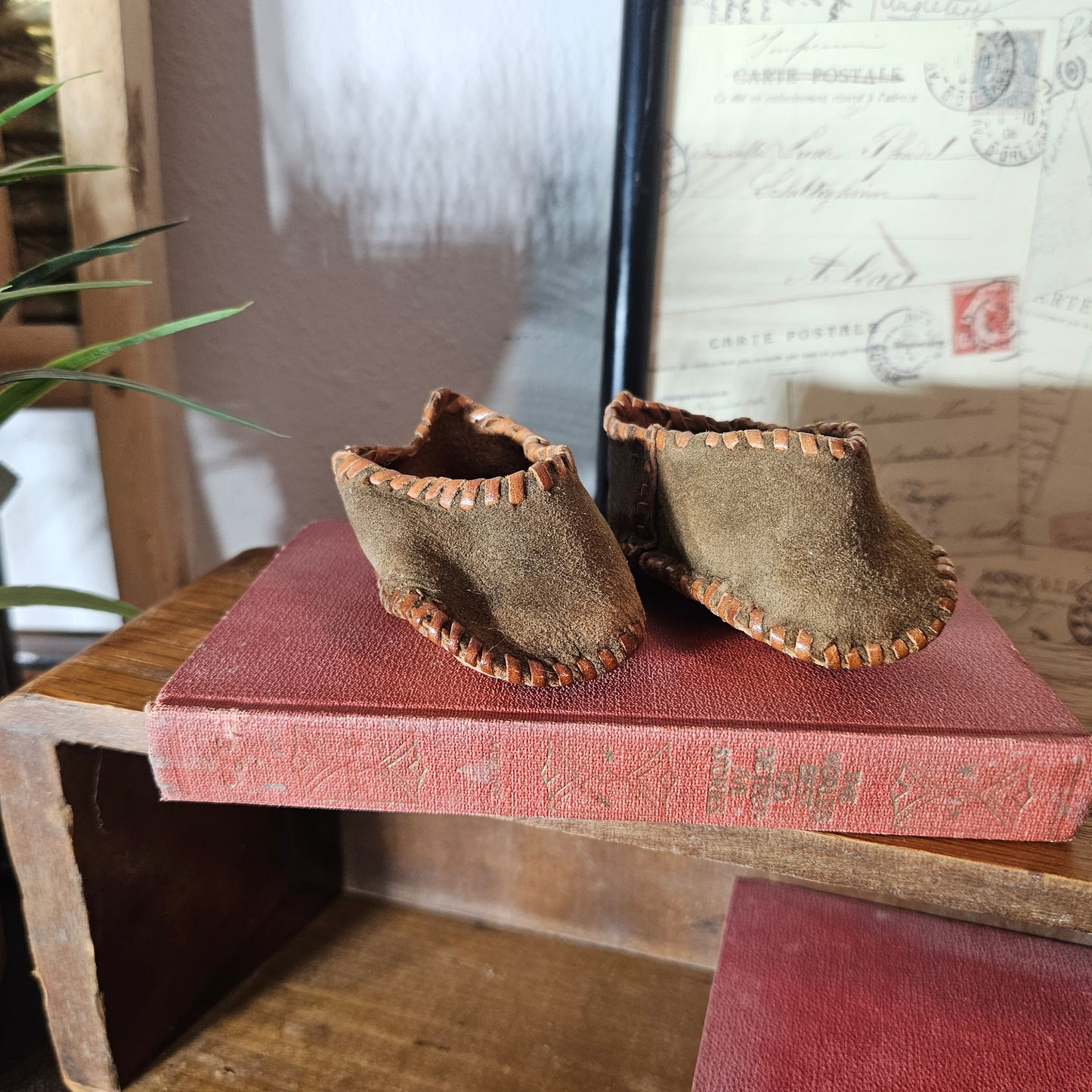 Vintage Baby Moccasins Leather Infant Shoes Hand Stitched