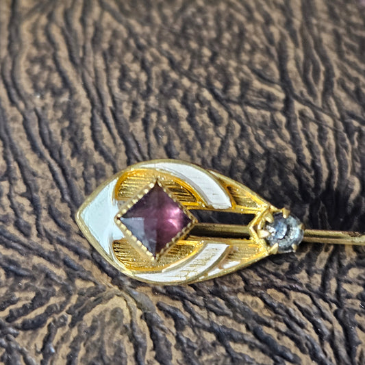 Vintage Art Deco Style Stick Pin Purple Stone Enamel Gold Tone