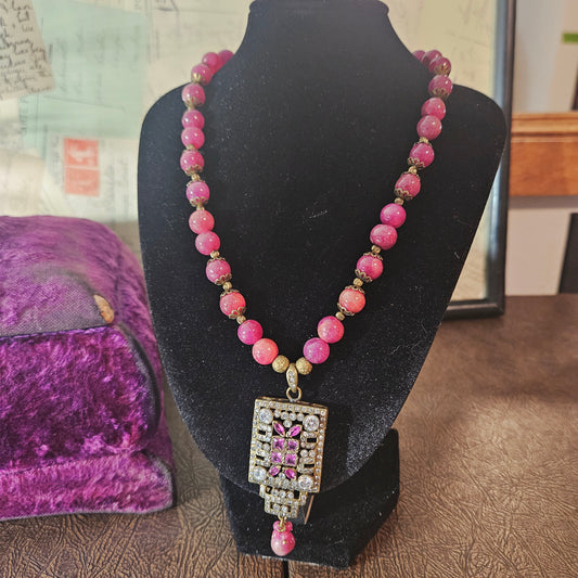 Vintage Pink Bead Necklace with Rhinestone Pendant