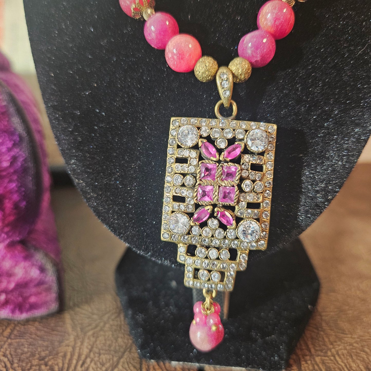 Vintage Pink Bead Necklace with Rhinestone Pendant