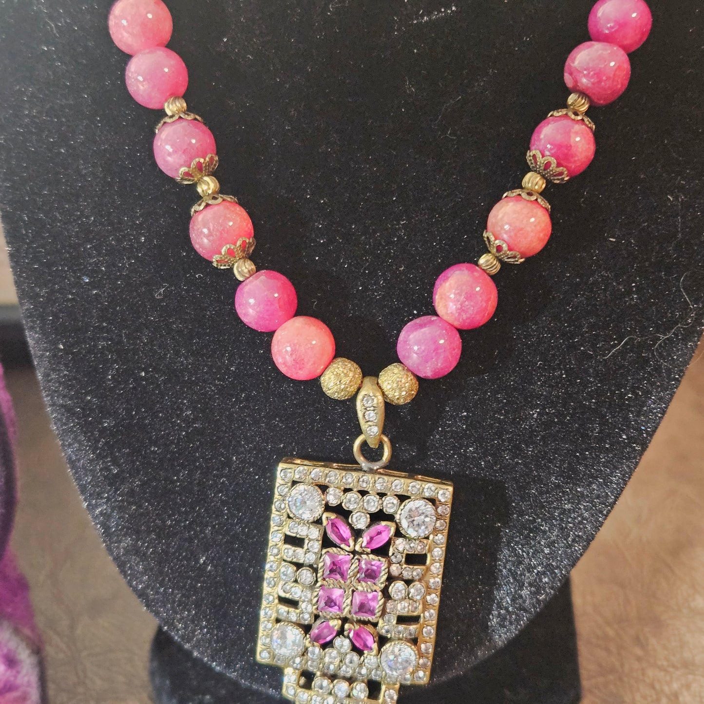 Vintage Pink Bead Necklace with Rhinestone Pendant