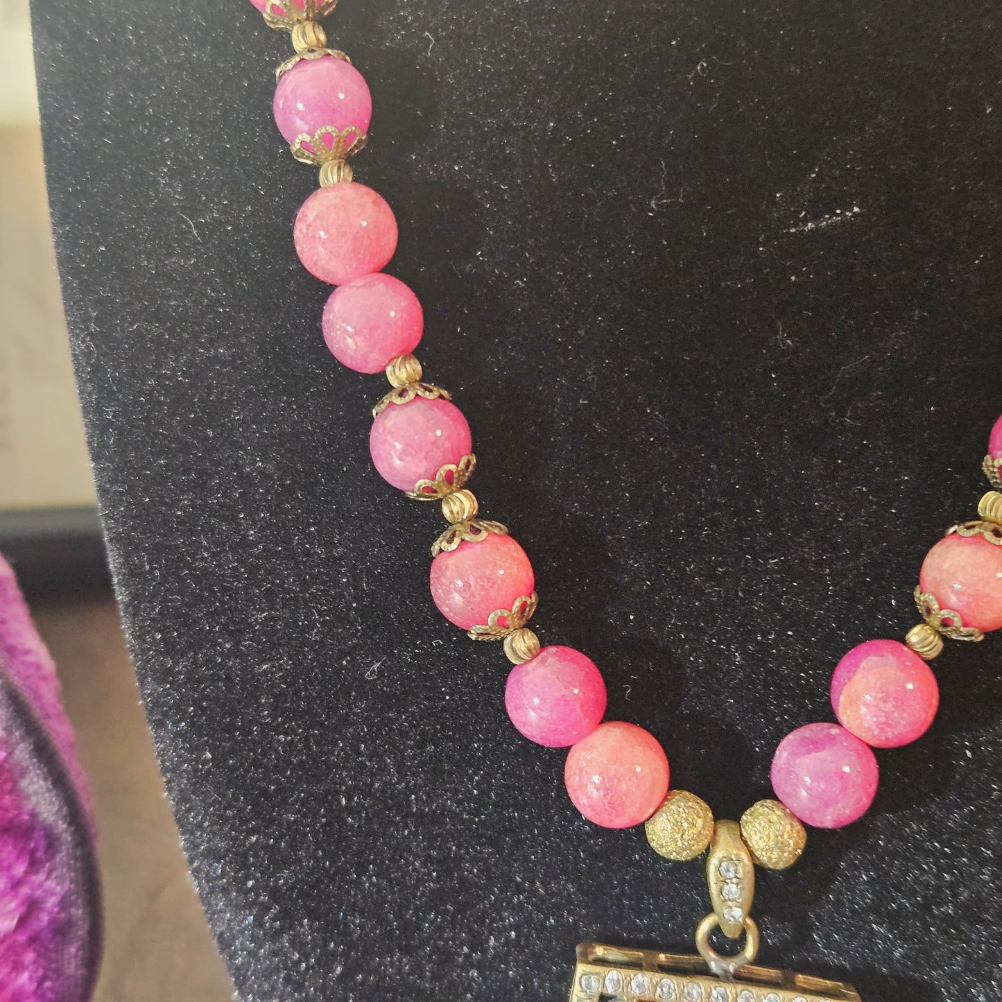 Vintage Pink Bead Necklace with Rhinestone Pendant