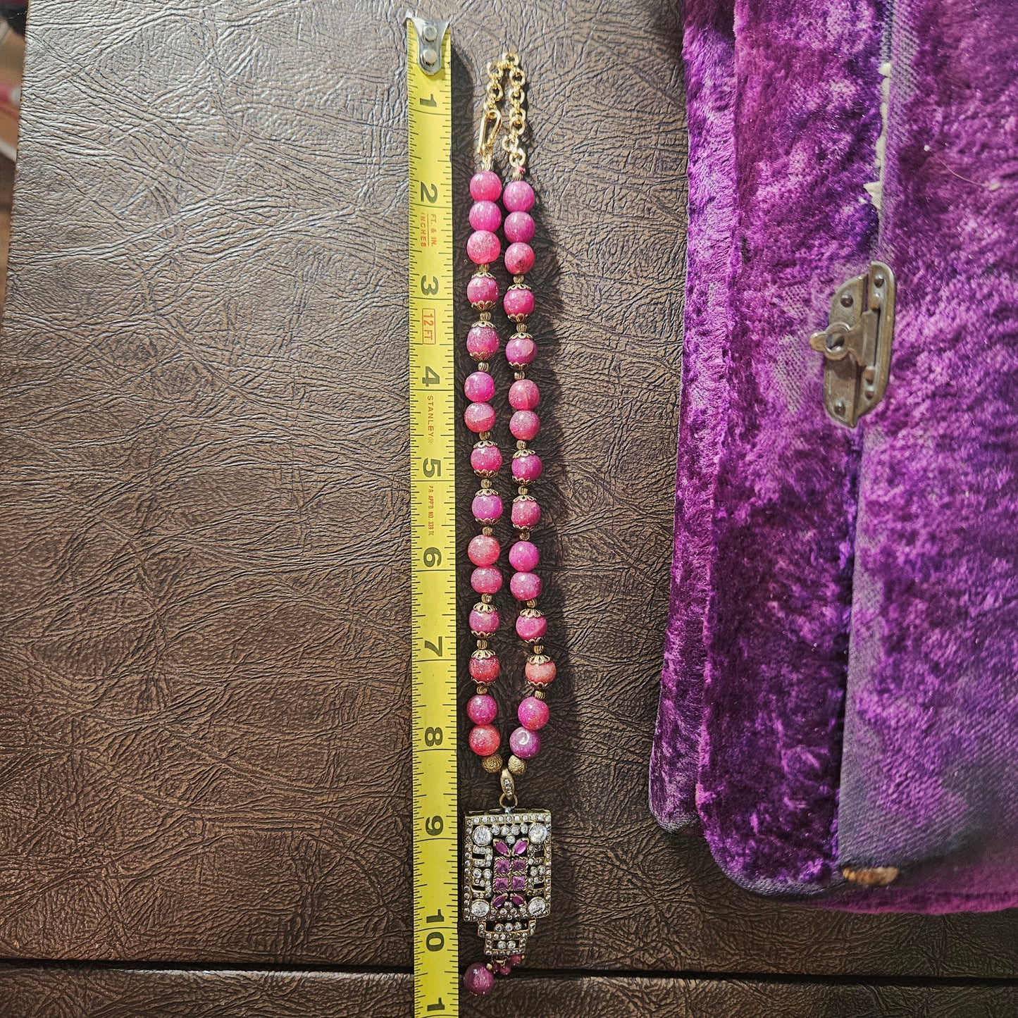 Vintage Pink Bead Necklace with Rhinestone Pendant