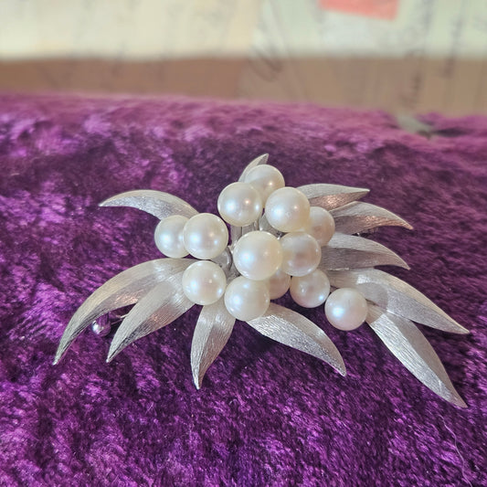 Vintage Sterling Silver Pearl Brooch Mid Century Leaf Cluster Pin