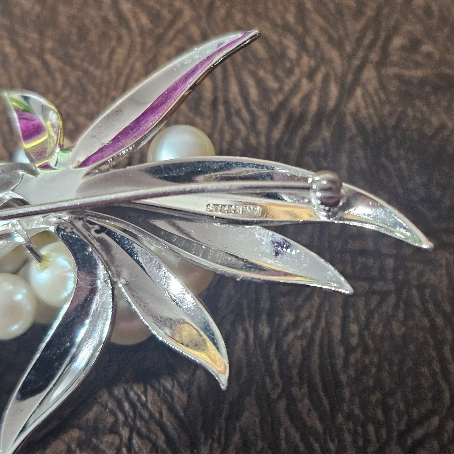 Vintage Sterling Silver Pearl Brooch Mid Century Leaf Cluster Pin