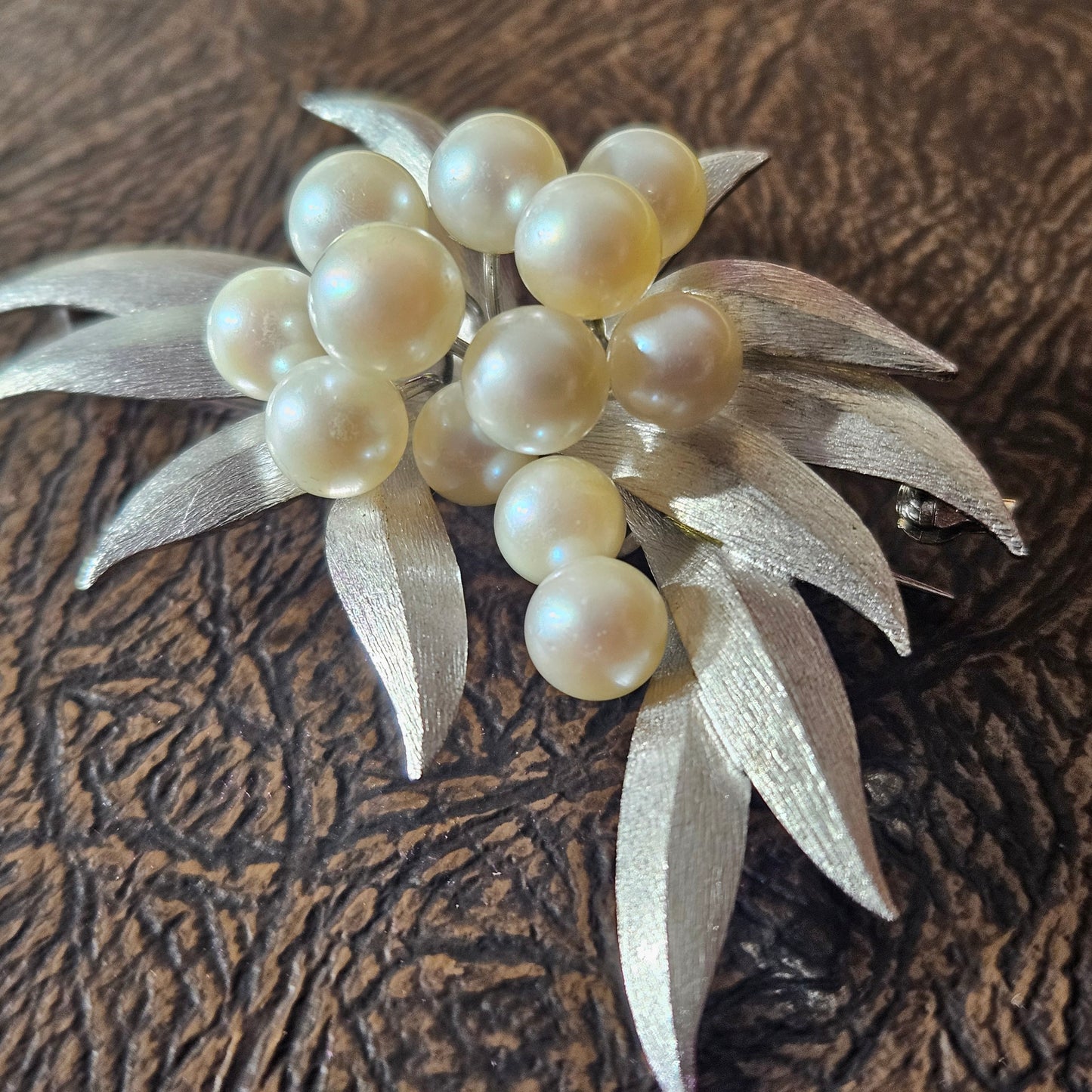 Vintage Sterling Silver Pearl Brooch Mid Century Leaf Cluster Pin