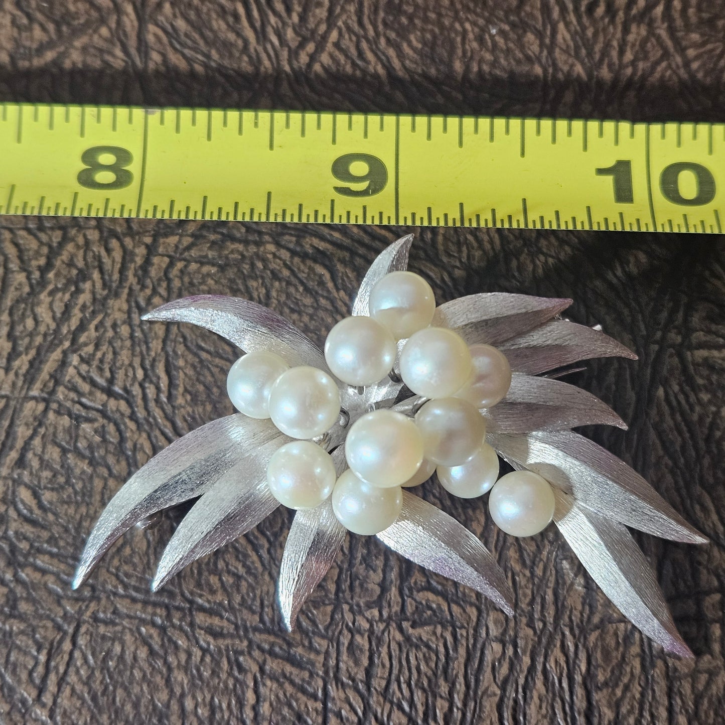Vintage Sterling Silver Pearl Brooch Mid Century Leaf Cluster Pin