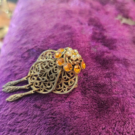 Vintage Gold Tone Filigree Brooch with Amber Rhinestones