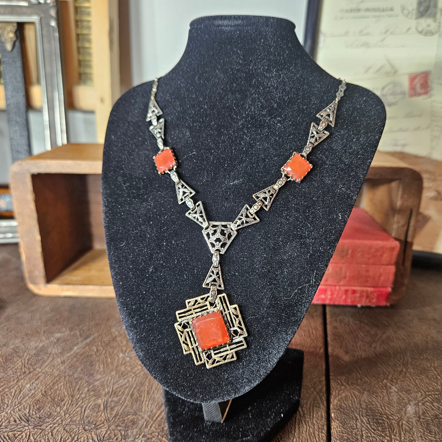 Vintage Art Deco Red Glass Statement Necklace Geometric Filigree