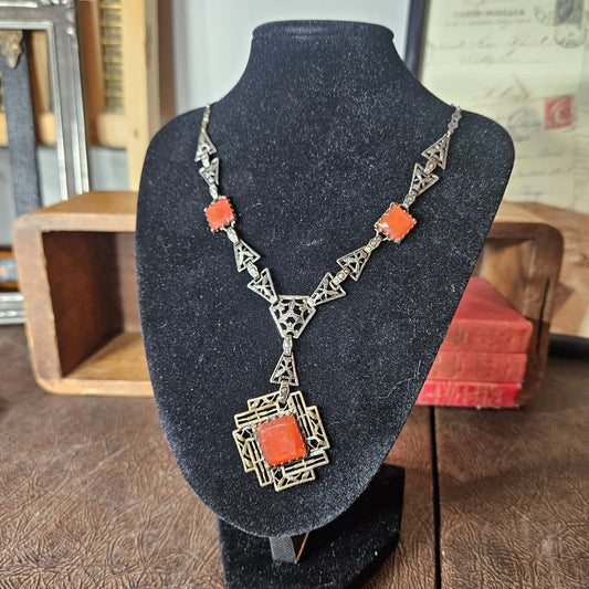 Vintage Art Deco Red Glass Statement Necklace Geometric Filigree