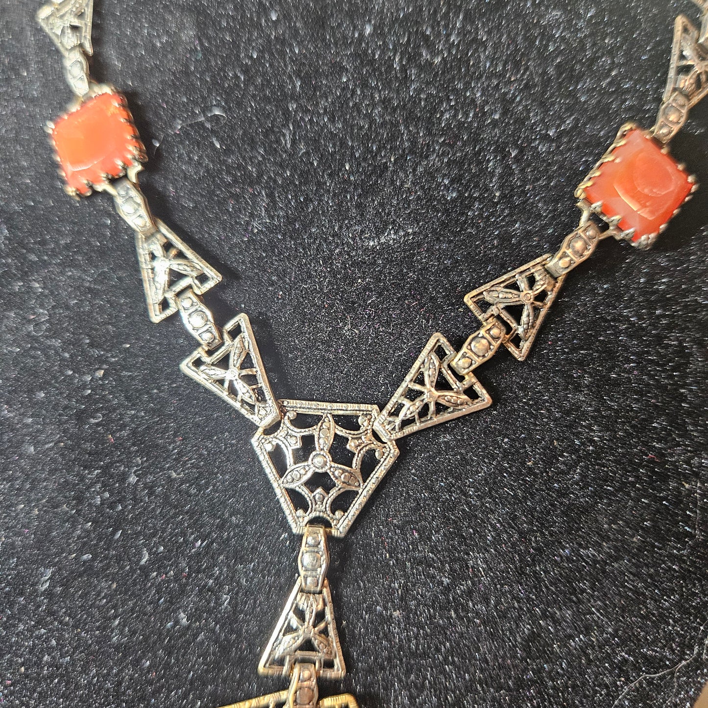 Vintage Art Deco Red Glass Statement Necklace Geometric Filigree