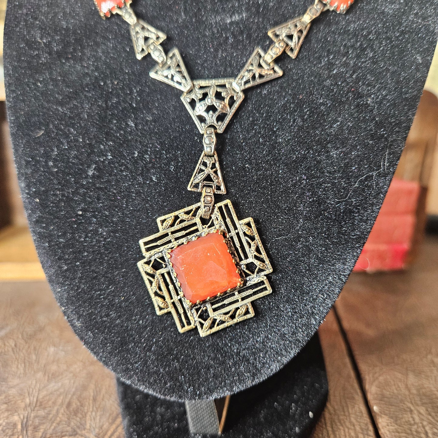 Vintage Art Deco Red Glass Statement Necklace Geometric Filigree