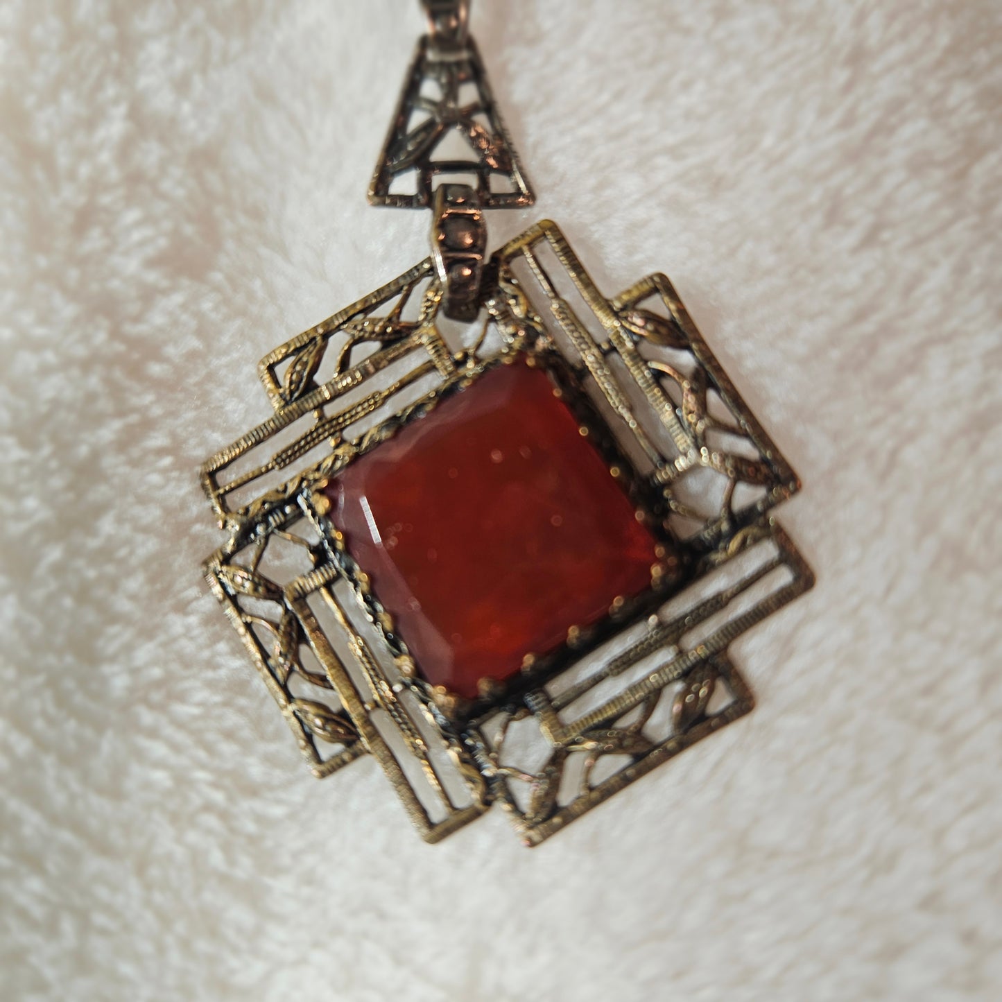 Vintage Art Deco Red Glass Statement Necklace Geometric Filigree