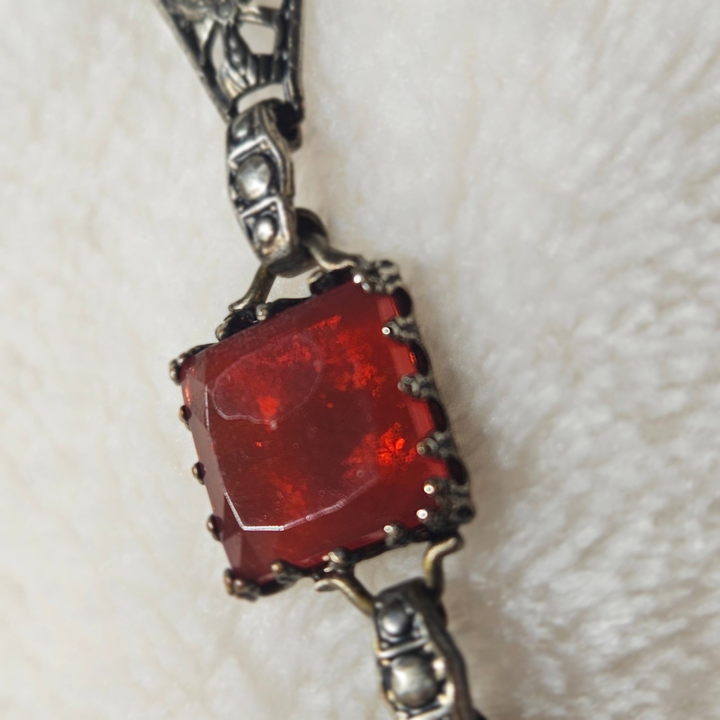 Vintage Art Deco Red Glass Statement Necklace Geometric Filigree