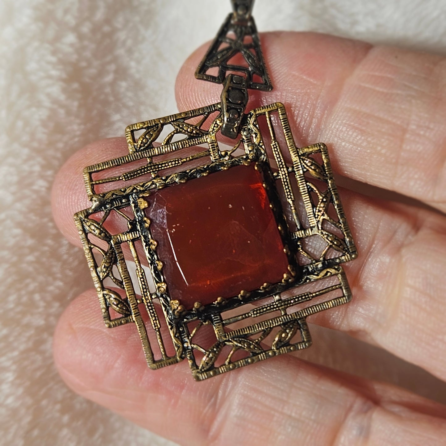 Vintage Art Deco Red Glass Statement Necklace Geometric Filigree