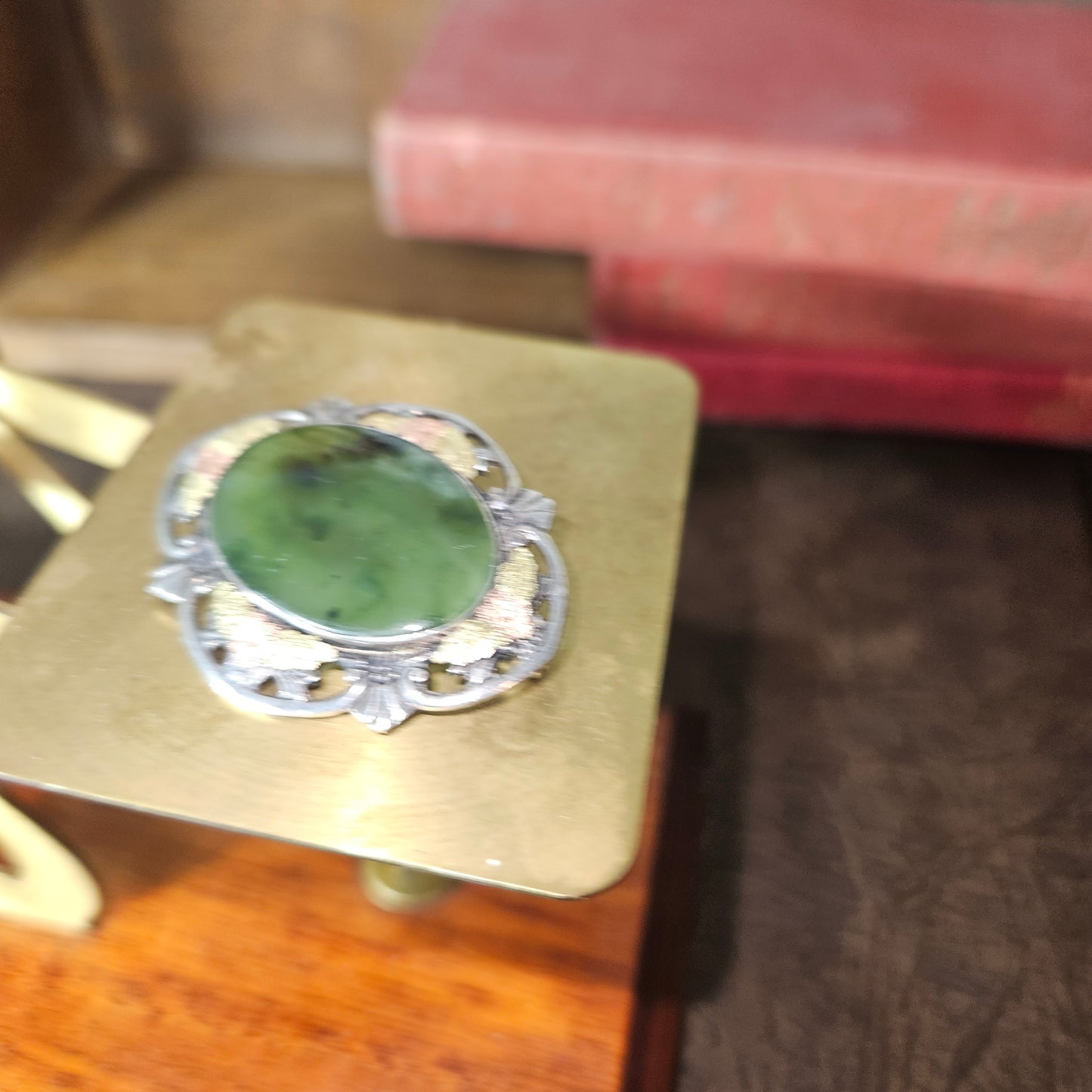 Vintage Sterling Jade Brooch Conley Co Two Tone Filigree Pin