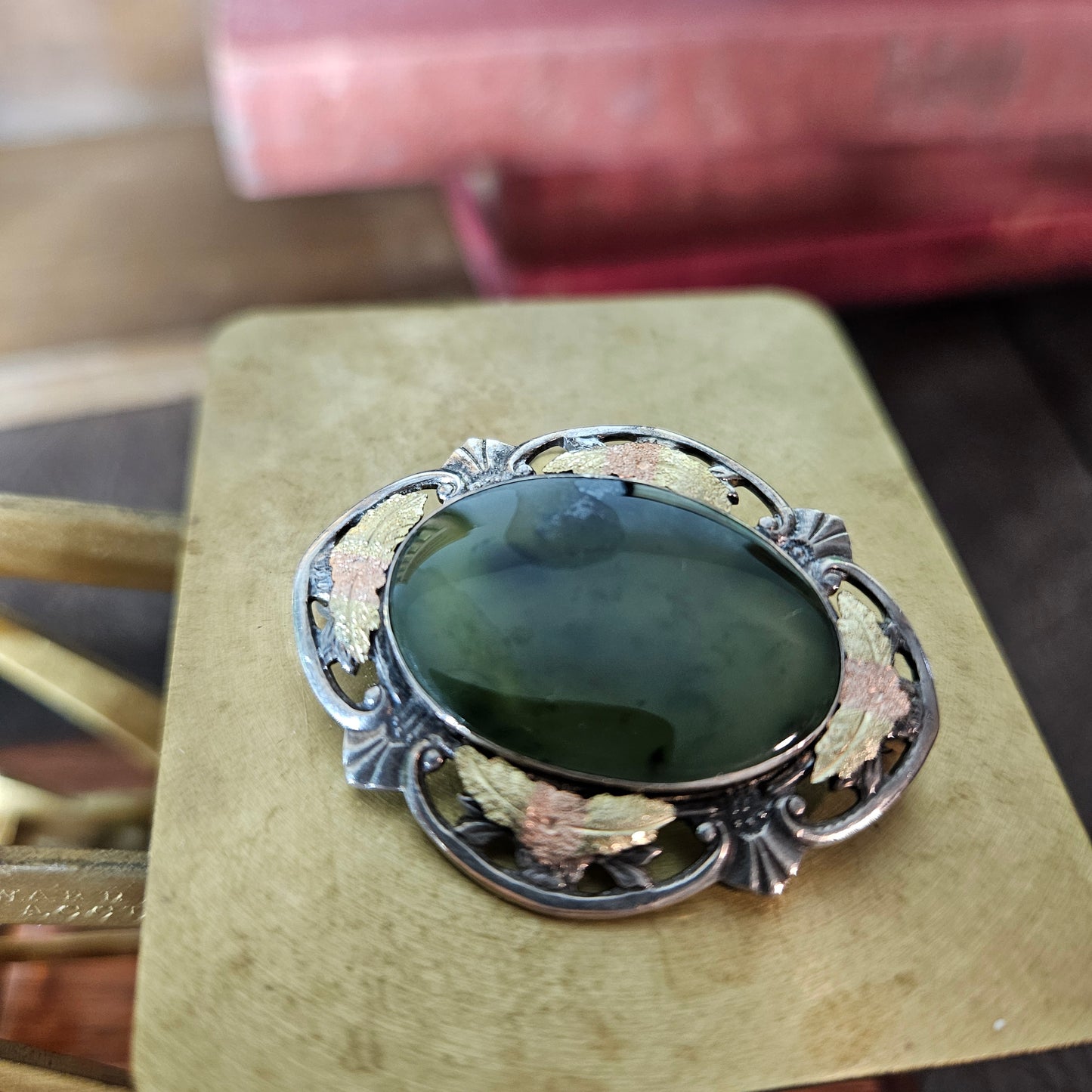 Vintage Sterling Jade Brooch Conley Co Two Tone Filigree Pin