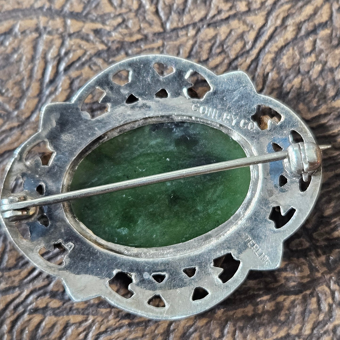 Vintage Sterling Jade Brooch Conley Co Two Tone Filigree Pin
