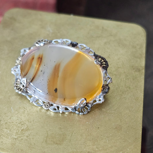 Vintage Banded Agate Oval Brooch Filigree Silver Tone Pin