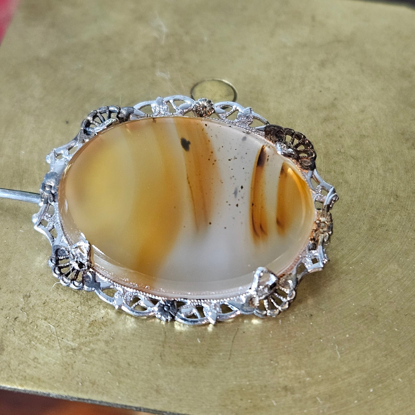 Vintage Banded Agate Oval Brooch Filigree Silver Tone Pin