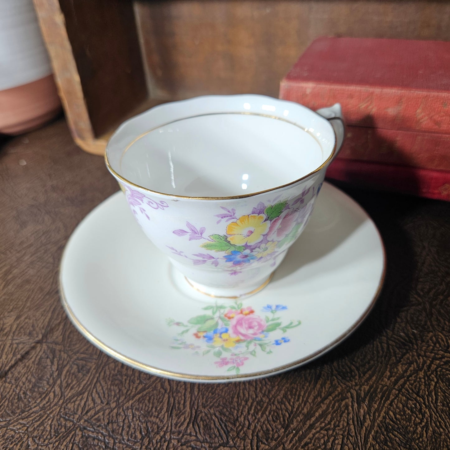 Vintage Bone China Teacup and Saucer Purple Floral England