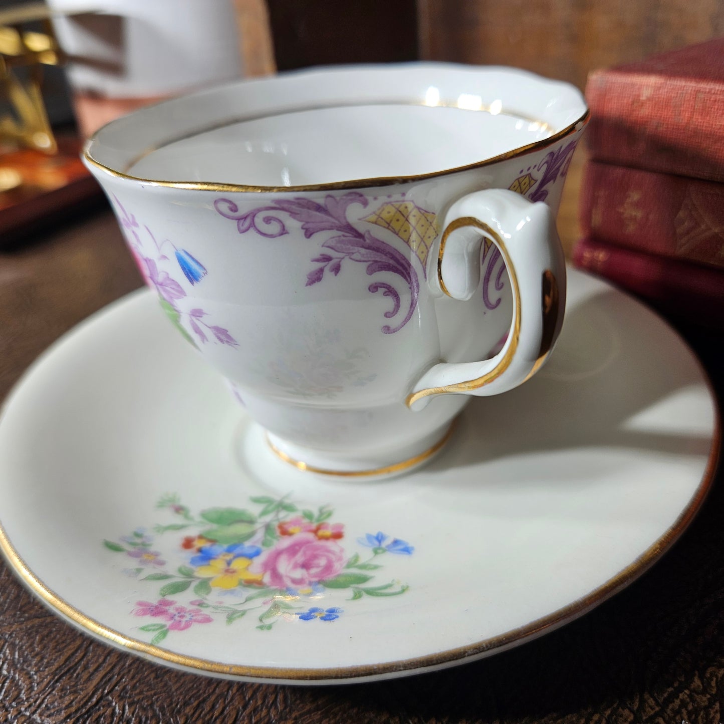 Vintage Bone China Teacup and Saucer Purple Floral England