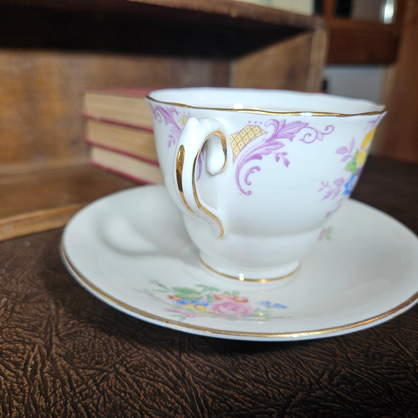 Vintage Bone China Teacup and Saucer Purple Floral England