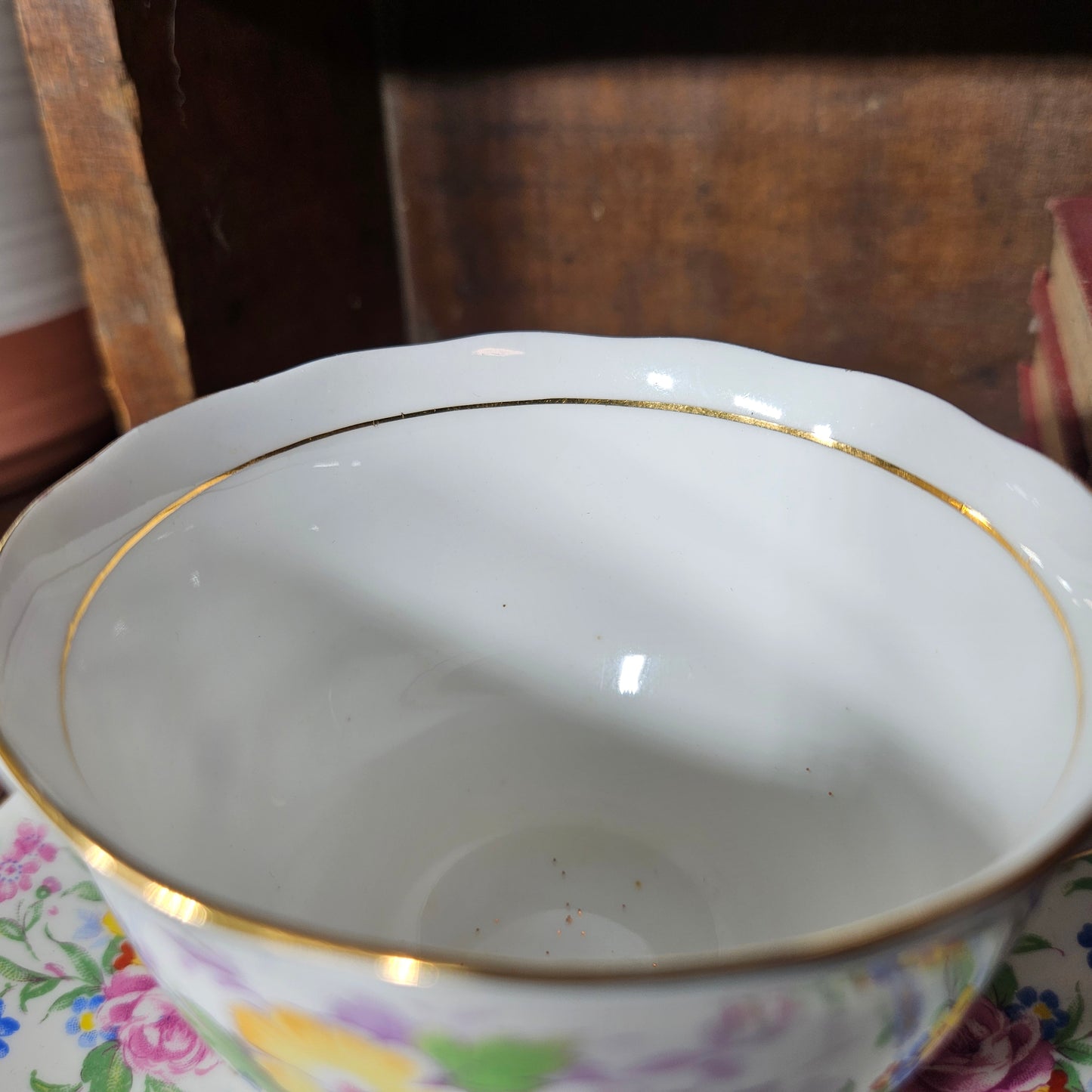 Vintage Bone China Teacup and Saucer Purple Floral England