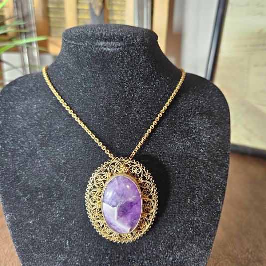 Vintage Amethyst Look Filigree Pendant Brooch Necklace