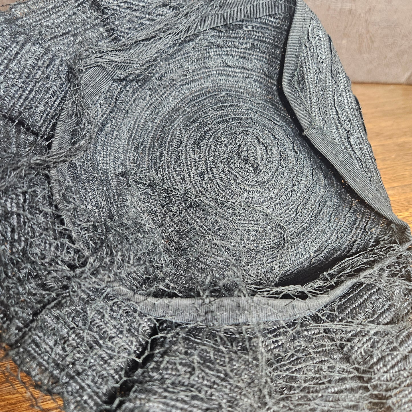 Vintage Black Netting Hat – Distressed Wide Brim Statement Piece