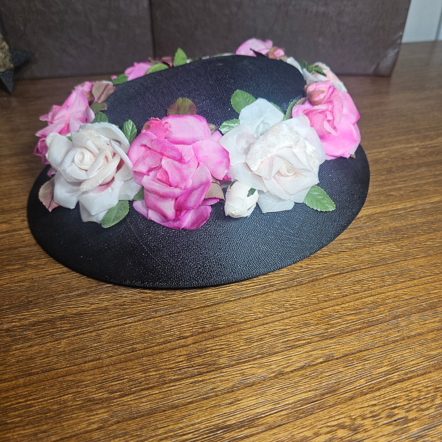 Vintage Floral Hat with Pink Roses – Black Tilt Hat