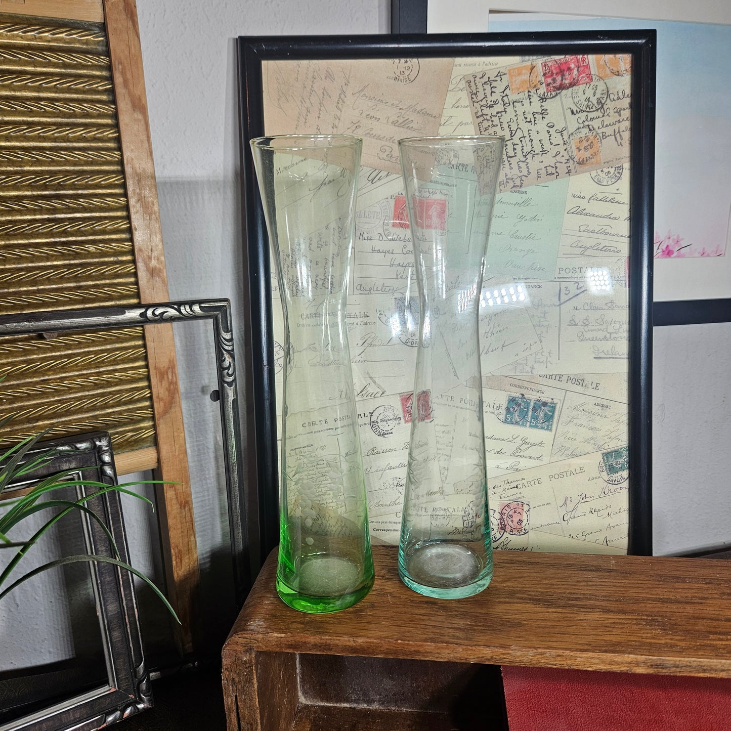 Etched Glass Bud Vases Green and Clear Pair