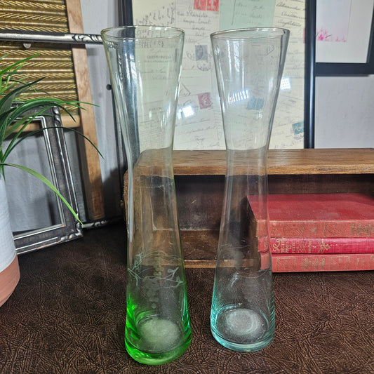 Vintage Etched Glass Bud Vases Green and Clear Pair