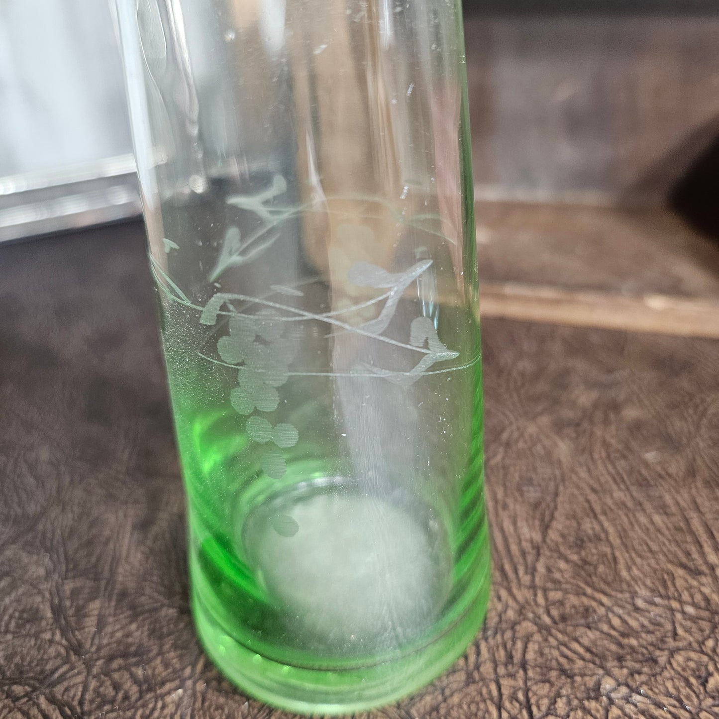 Etched Glass Bud Vases Green and Clear Pair