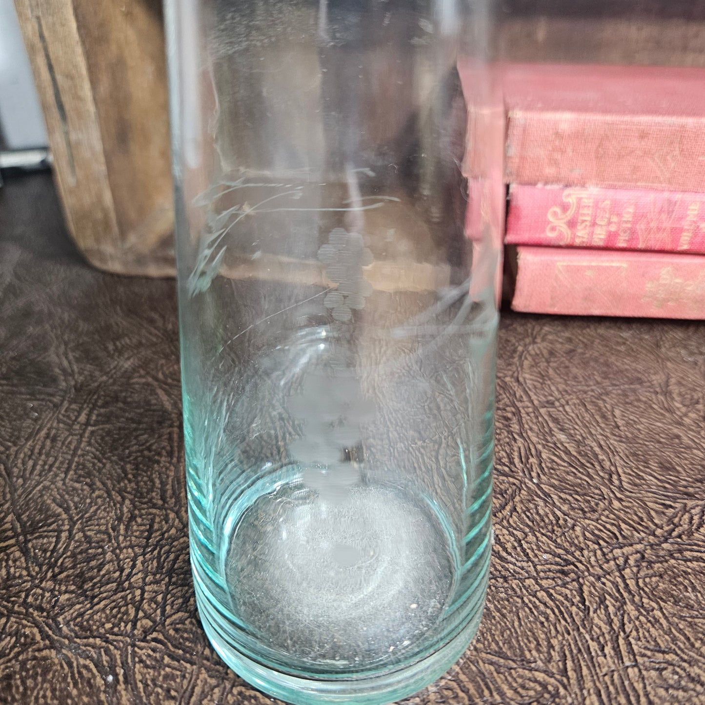 Etched Glass Bud Vases Green and Clear Pair