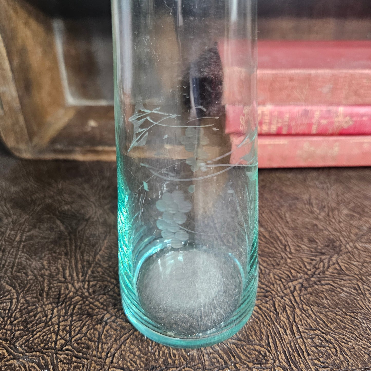 Etched Glass Bud Vases Green and Clear Pair