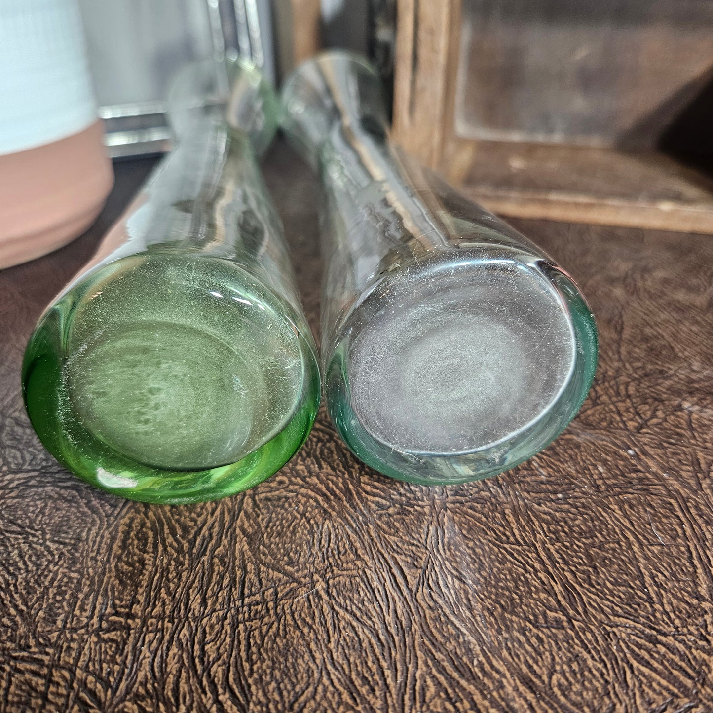 Etched Glass Bud Vases Green and Clear Pair