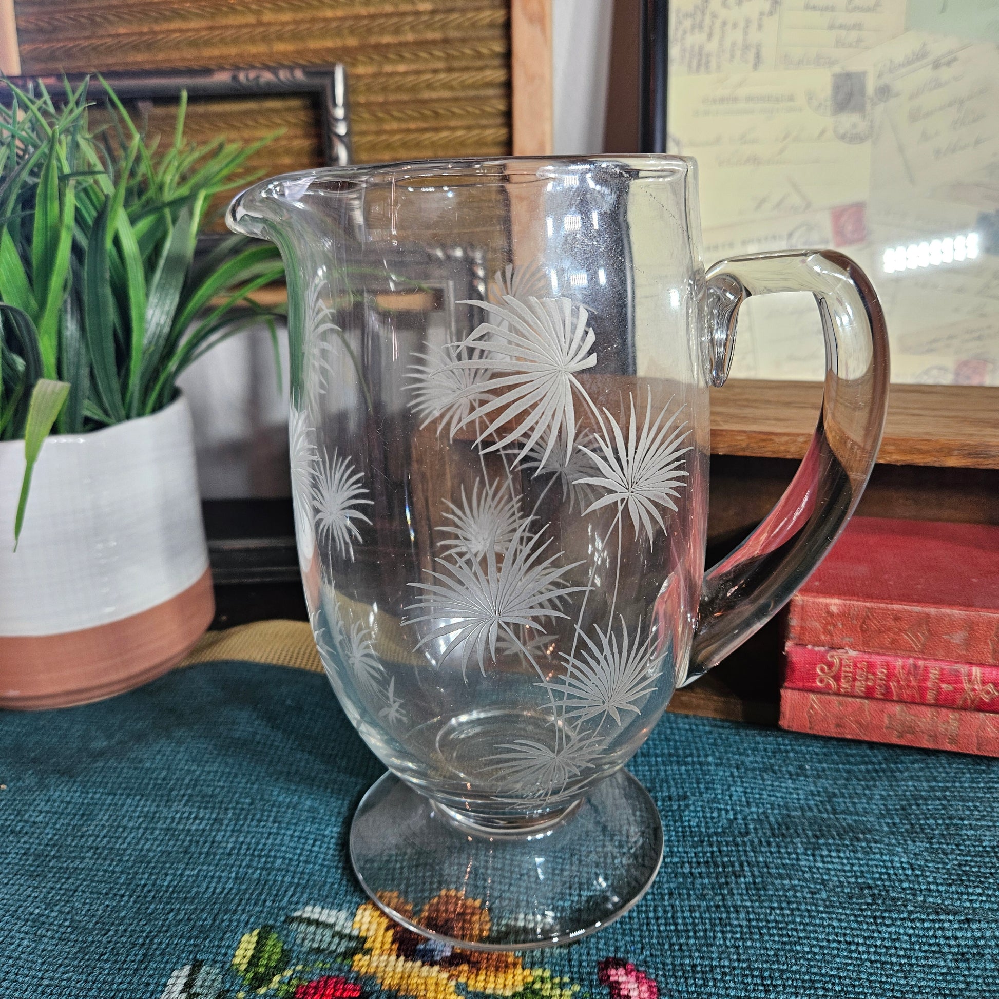vintage etched glass pitcher palm design
