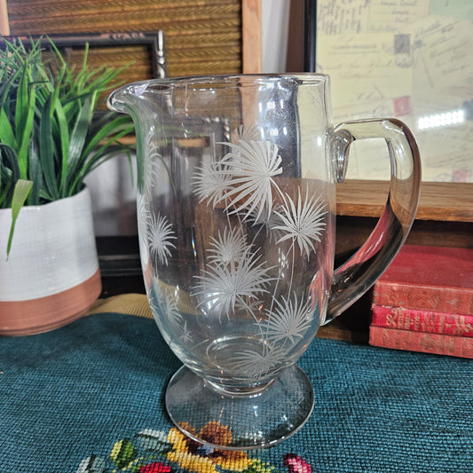 vintage etched glass pitcher palm design
