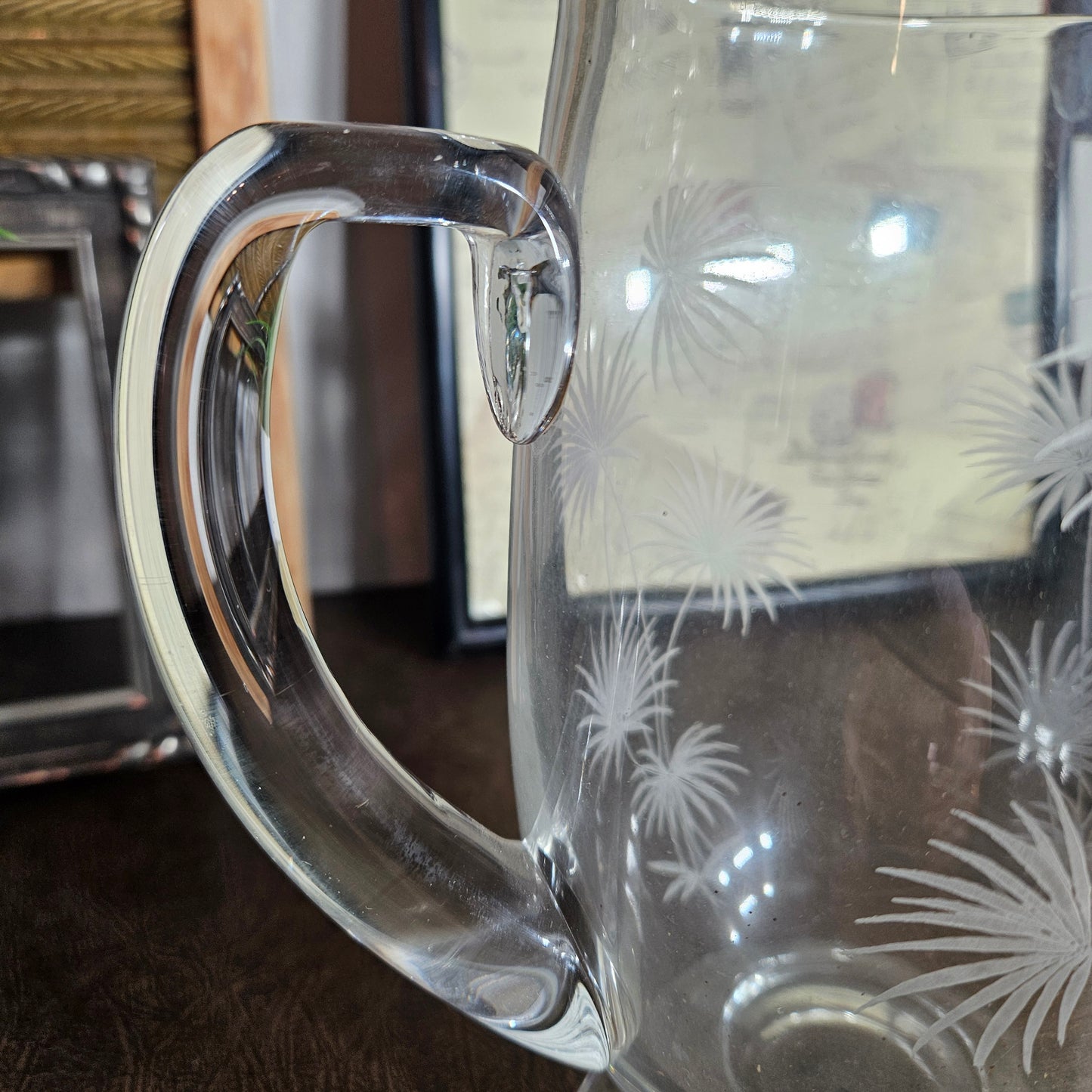 clear glass pitcher with etched pattern
