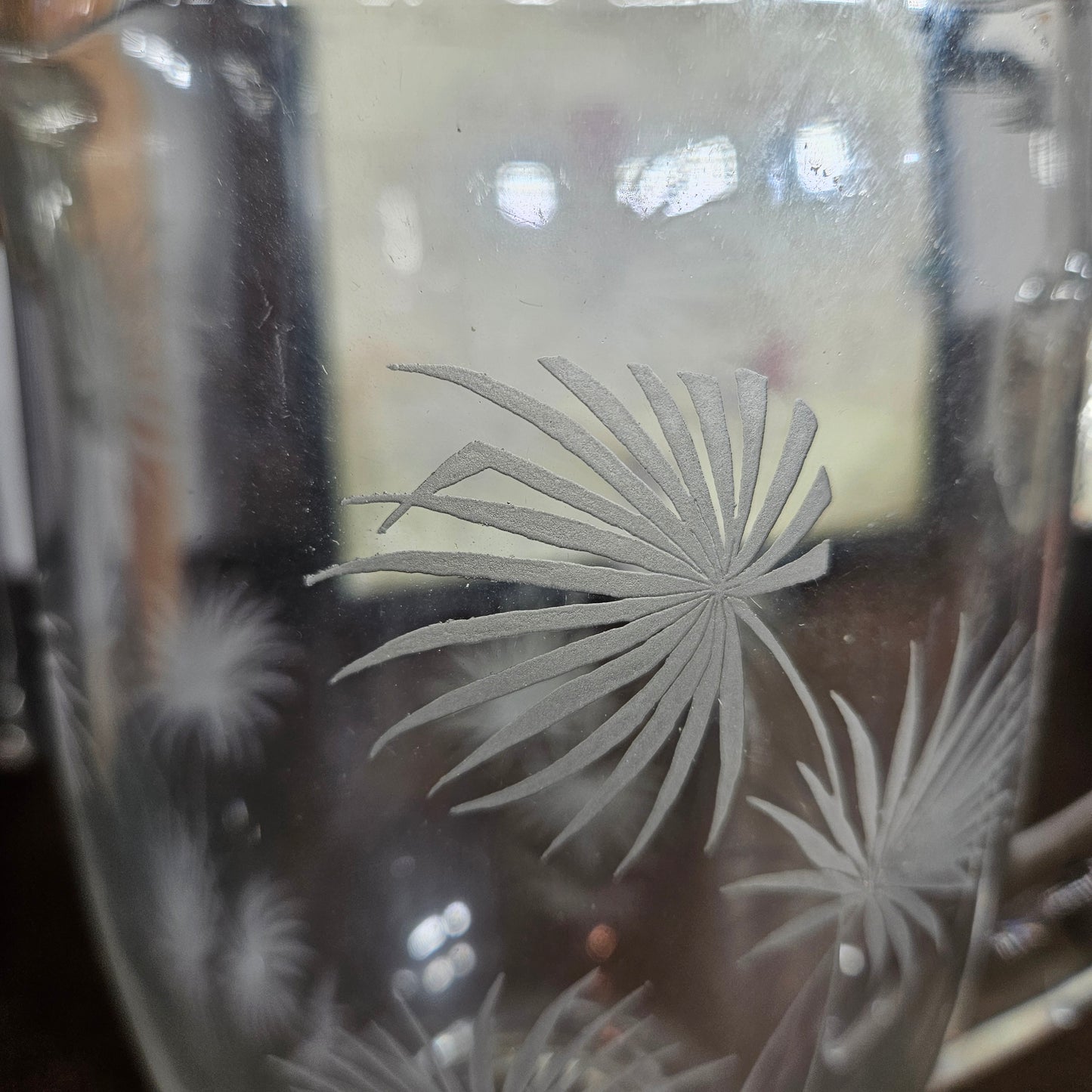 Etched Glass Pitcher with Palm Starburst Design