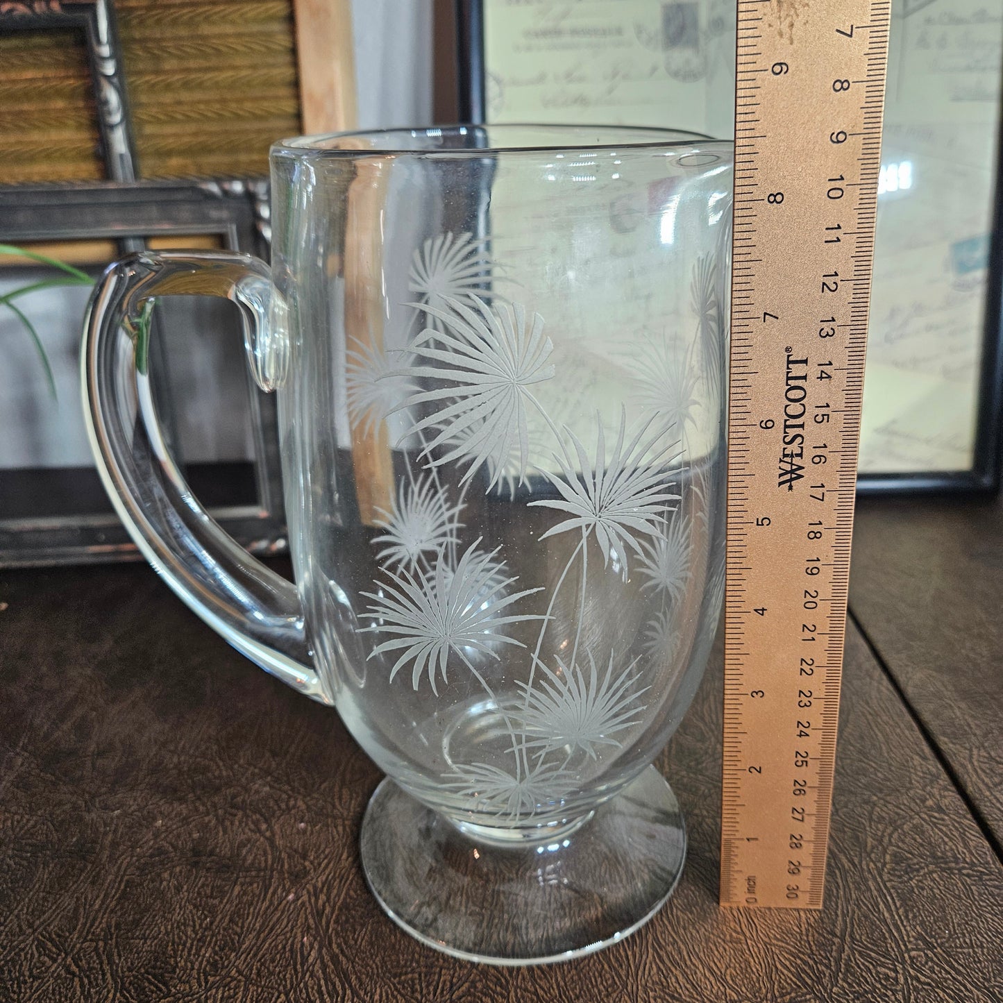 Etched Glass Pitcher with Palm Starburst Design